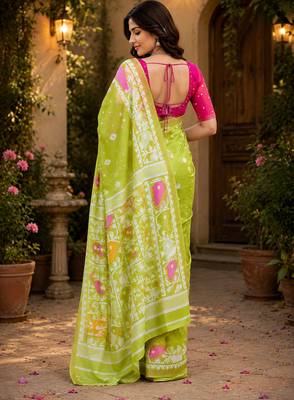 Light green linen bandhani digital print bollywood saree 3