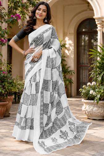 White & black linen checkered block digital print bollywood saree