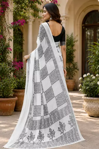 White & black linen checkered block digital print bollywood saree