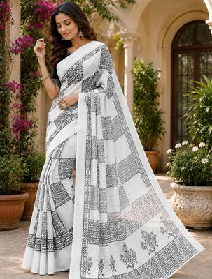 White & black linen checkered block digital print bollywood saree 4