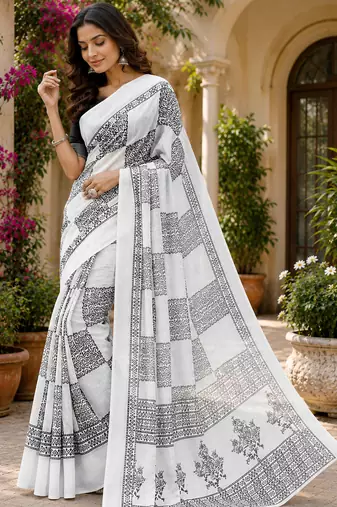White & black linen checkered block digital print bollywood saree