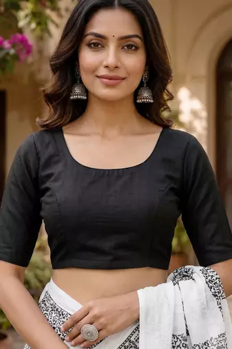 White & black linen checkered block digital print bollywood saree