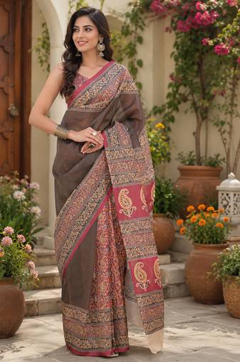 Chocolate brown linen plain digital print bollywood saree