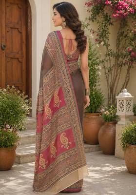 Chocolate brown linen plain digital print bollywood saree 3