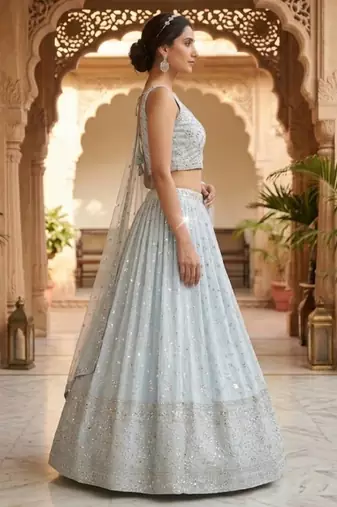 Sky Blue Georgette Zari & Sequin Embroidered Lehenga Choli with Net Dupatta