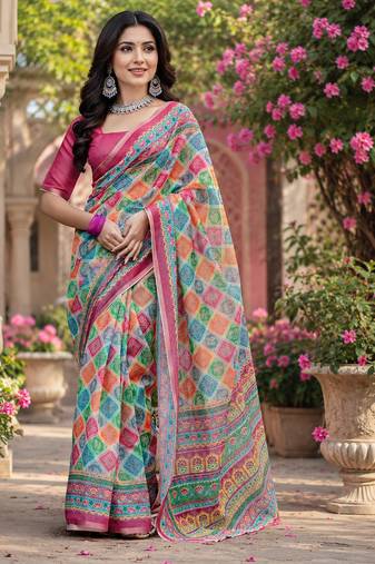 Multicolor linen rangcut digital print bollywood saree