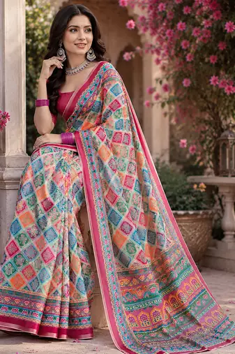 Multicolor linen rangcut digital print bollywood saree