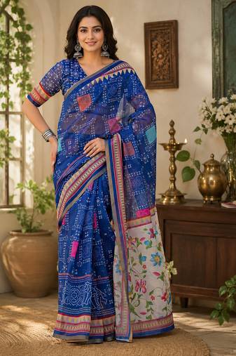 Royal blue linen bandhani digital print bollywood saree