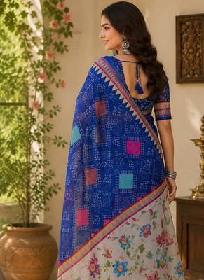 Royal blue linen bandhani digital print bollywood saree 3