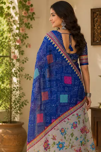 Royal blue linen bandhani digital print bollywood saree