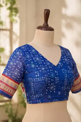 Royal blue linen bandhani digital print bollywood saree