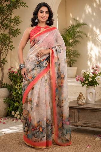 Ivory linen abstract floral digital print bollywood saree