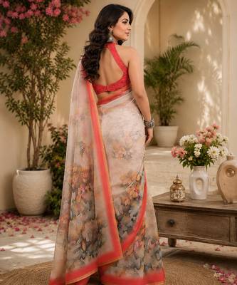Ivory linen abstract floral digital print bollywood saree 3