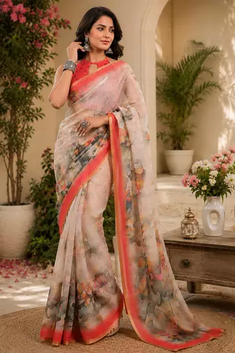 Ivory linen abstract floral digital print bollywood saree