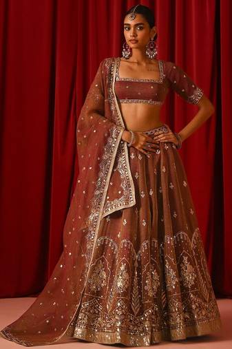 Orange Fandy silk blend blend Sequin Embroidered Lehenga Choli