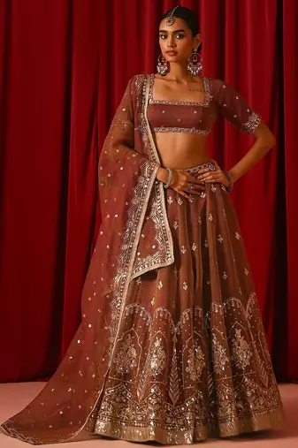 Women   Orange Fandy Silk  Sequin Embroidered Lehenga Choli