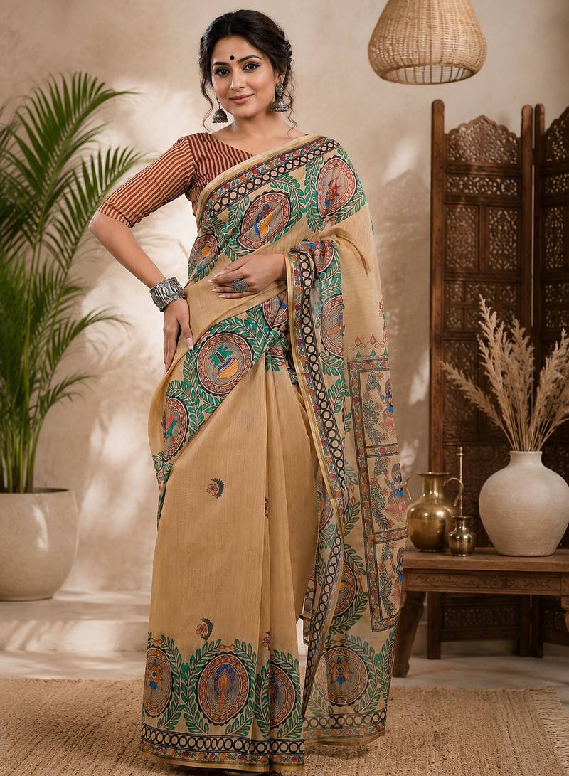 Beige linen madhubani digital print bollywood saree