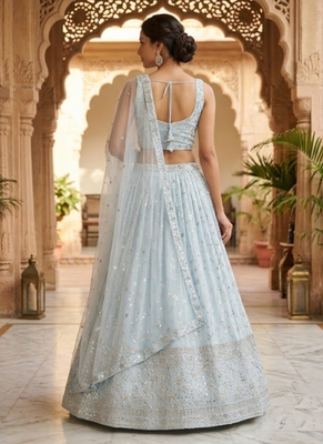 Sky Blue Georgette Zari & Sequin Embroidered Lehenga Choli with Net Dupatta 3
