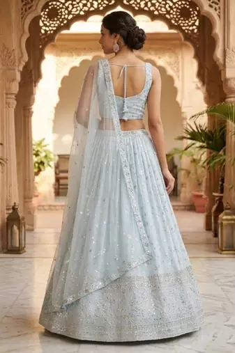 Sky Blue Georgette Zari & Sequin Embroidered Lehenga Choli with Net Dupatta