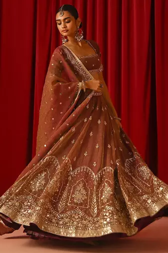 Women   Orange Fandy Silk  Sequin Embroidered Lehenga Choli