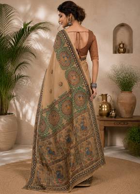 Beige linen madhubani digital print bollywood saree 3