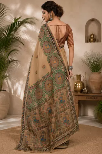 Beige linen madhubani digital print bollywood saree