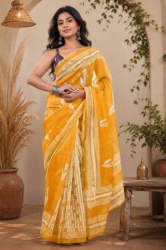 Mustard yellow linen geometric chevron/leaf digital print bollywood saree