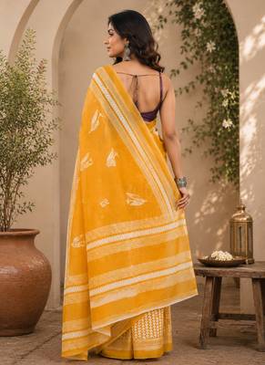 Mustard yellow linen geometric chevron/leaf digital print bollywood saree 3