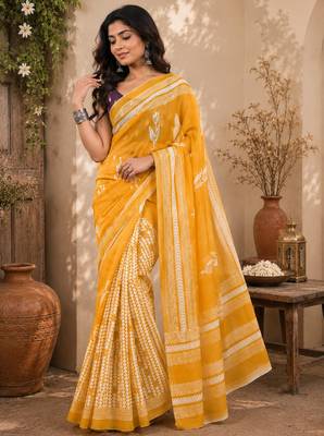 Mustard yellow linen geometric chevron/leaf digital print bollywood saree 4