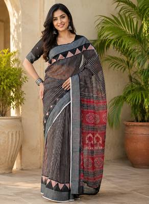 Black linen striped & floral digital print bollywood saree 1