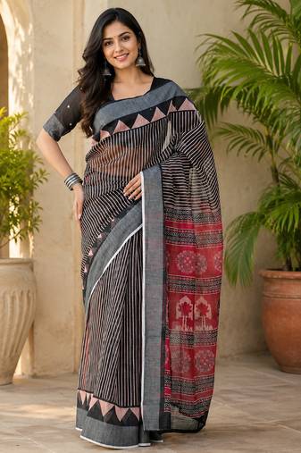 Black linen striped & floral digital print bollywood saree