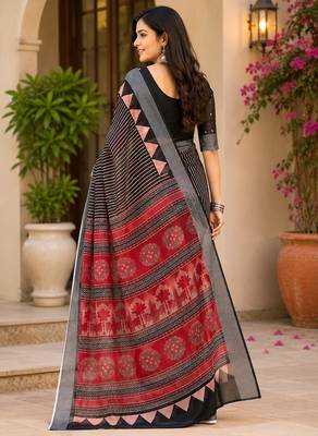 Black linen striped & floral digital print bollywood saree 3