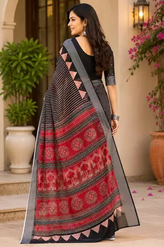 Black linen striped & floral digital print bollywood saree