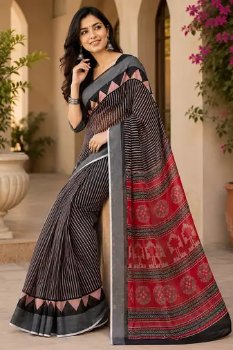Black linen striped & floral digital print bollywood saree