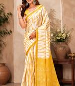 White & yellow linen shibori striped digital print bollywood saree