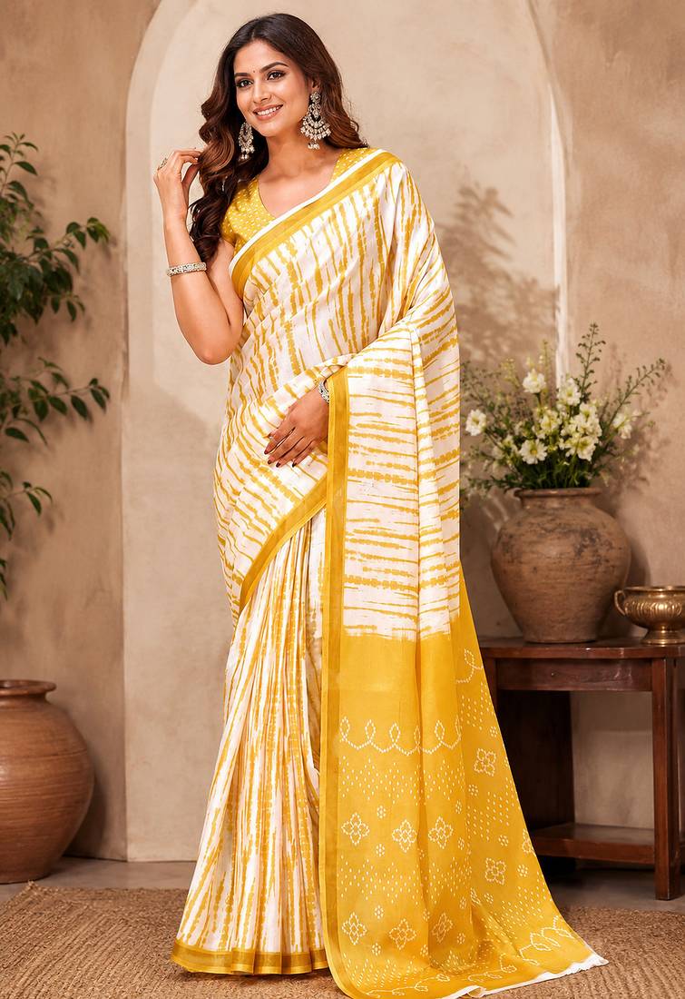 White & yellow linen shibori striped digital print bollywood saree