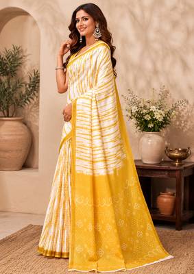 White & yellow linen shibori striped digital print bollywood saree 2