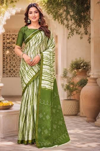 Mehandi green & white linen leheriya digital print bollywood saree