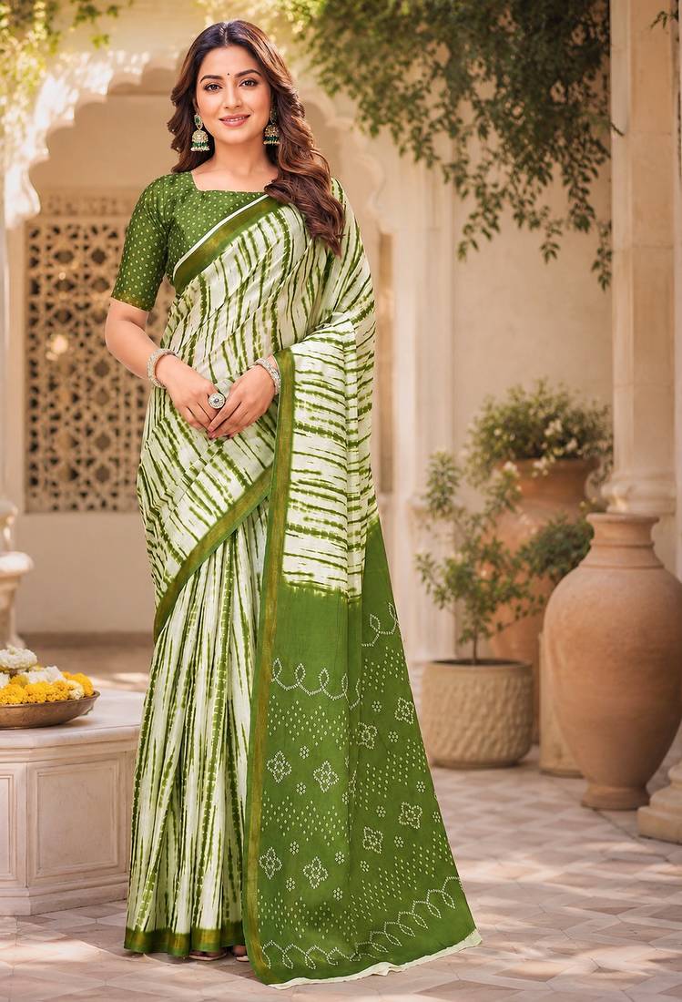 Mehandi green & white linen leheriya digital print bollywood saree