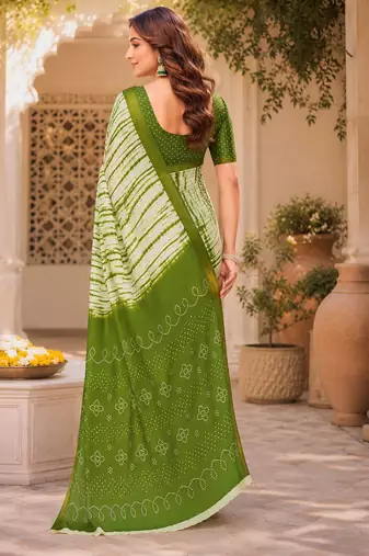 Mehandi green & white linen leheriya digital print bollywood saree