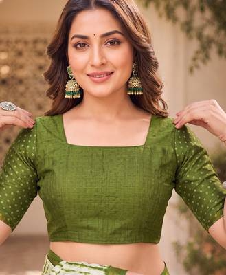 Mehandi green & white linen leheriya digital print bollywood saree 5