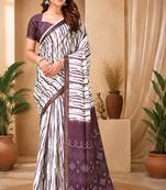 White & purple linen striped digital print bollywood saree