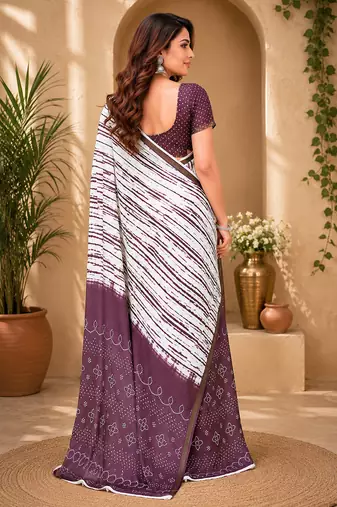 White & purple linen striped digital print bollywood saree