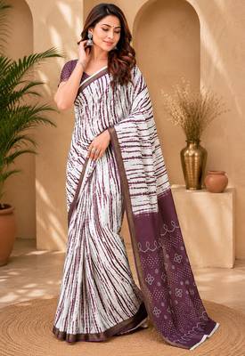 White & purple linen striped digital print bollywood saree 4