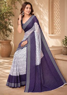 White & navy blue linen bandhani digital print bollywood saree 4