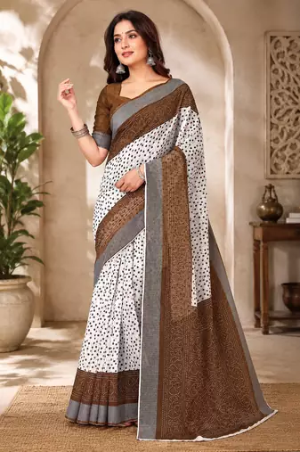 White & brown linen bandhani digital print bollywood saree
