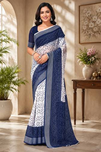 White & blue linen bandhani digital print bollywood saree