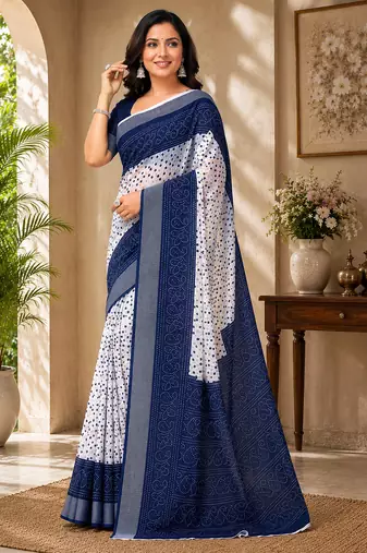 White & blue linen bandhani digital print bollywood saree