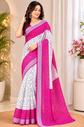 White & pink linen bandhani digital print bollywood saree