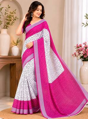 White & pink linen bandhani digital print bollywood saree 4